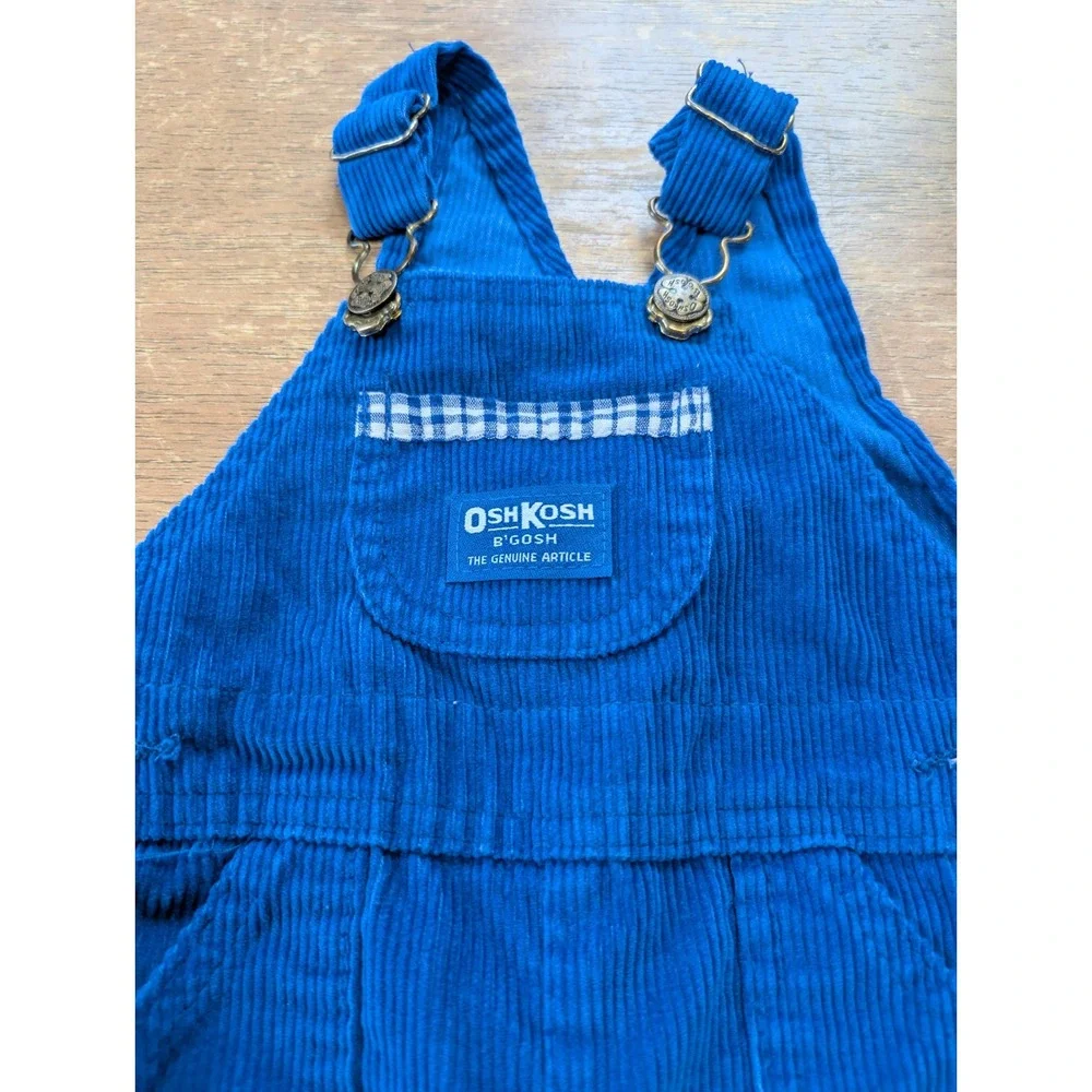 Vintage OshKosh Bgosh Blue‎ Corduroy Overalls Plaid Patch USA Made Kids 12M